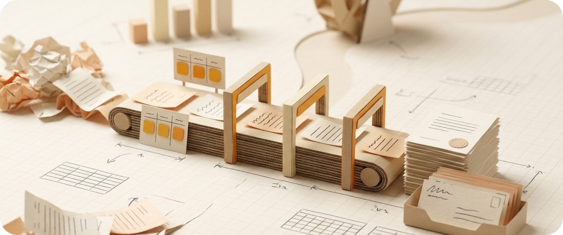 Paper illustration: a conveyor turns a stream of documents into neat stacks of tasks
