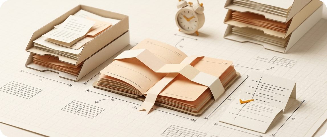 Paper illustration: a planner with a schedule, paper trays and an alarm clock
